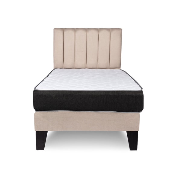 Cama 1.5 plazas completa Base americana + colchón de resortes + respaldo barras beige