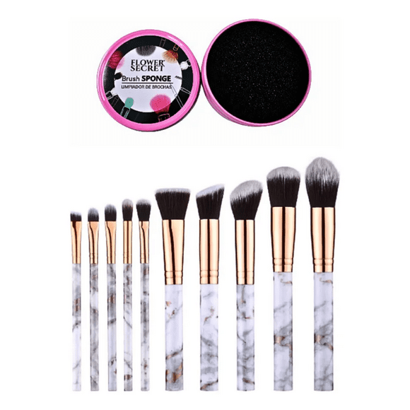 Pack 10 Brochas Para Maquillaje Diseño Mármol Blanco + Limpiador