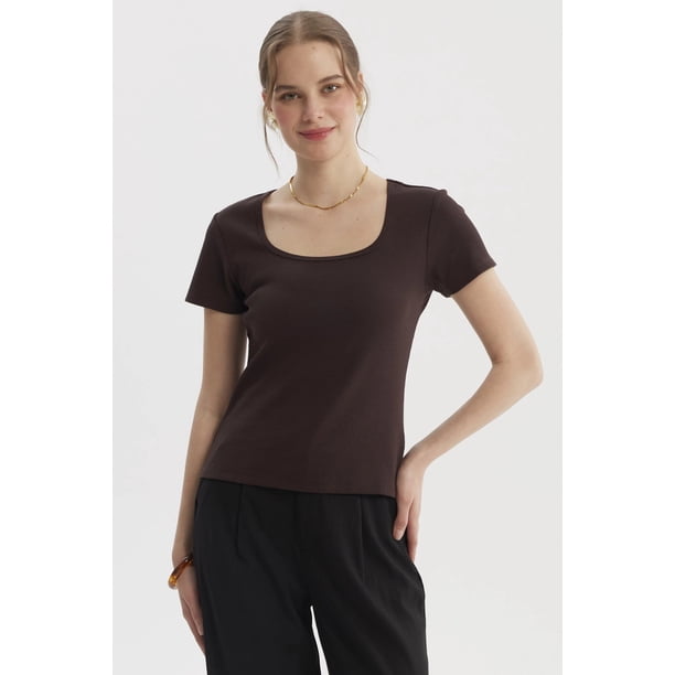 Polera Mujer Escote Cuadrado Rib Café Oscuro
