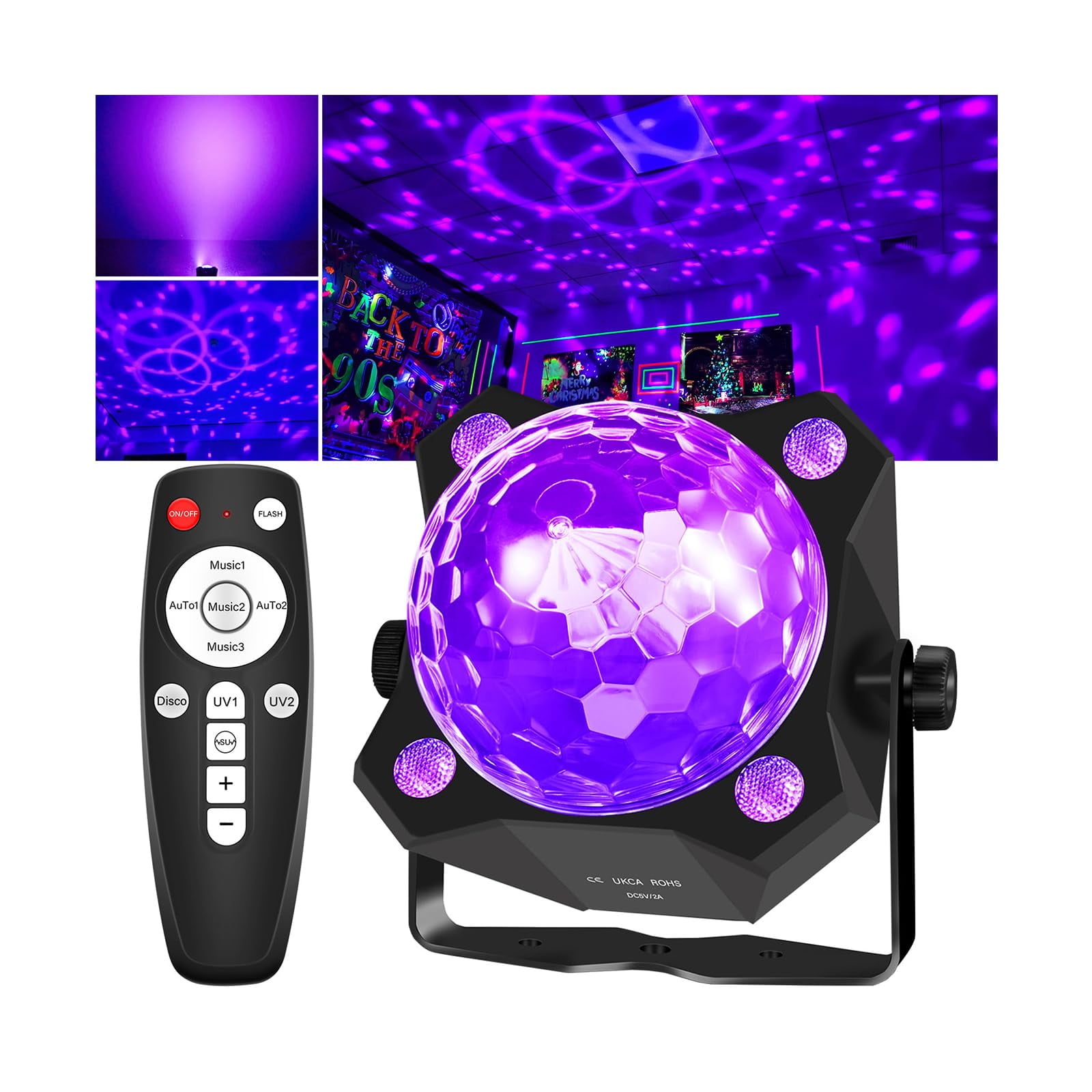 Luz De Bola De Discoteca Con Luz Negra Djptygck 2 En 1 Activada Por Sonido