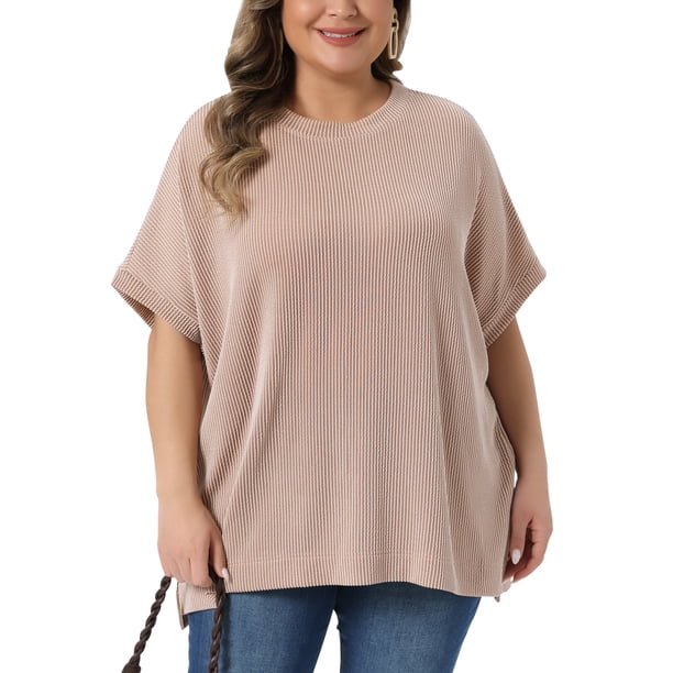 Agnes Orinda Blusas de Mujer Tallas Grandes a Rayas Cuello Redondo Camisetas de Manga Corta con Abertura Lateral Verano Casual 3X Caqui