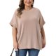 thumbnail image 1 of Agnes Orinda Blusas de Mujer Tallas Grandes a Rayas Cuello Redondo Camisetas de Manga Corta con Abertura Lateral Verano Casual 3X Caqui, 1 of 8
