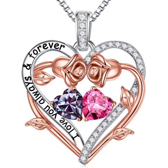 Collar Iefil Corazón de Rosa con Piedra de Nacimiento 925 Plata de Ley