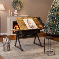 M&Ms - Adjustable Drawing Drafting Table Desk With 2 Drawers For Home Office And School With Stool(Brown)