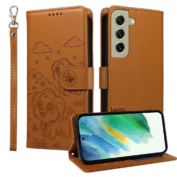 Funda Cartera para Samsung Galaxy S21 FE Perro Cachorro Grabado con Tarjetas Soporte Correa Marrón