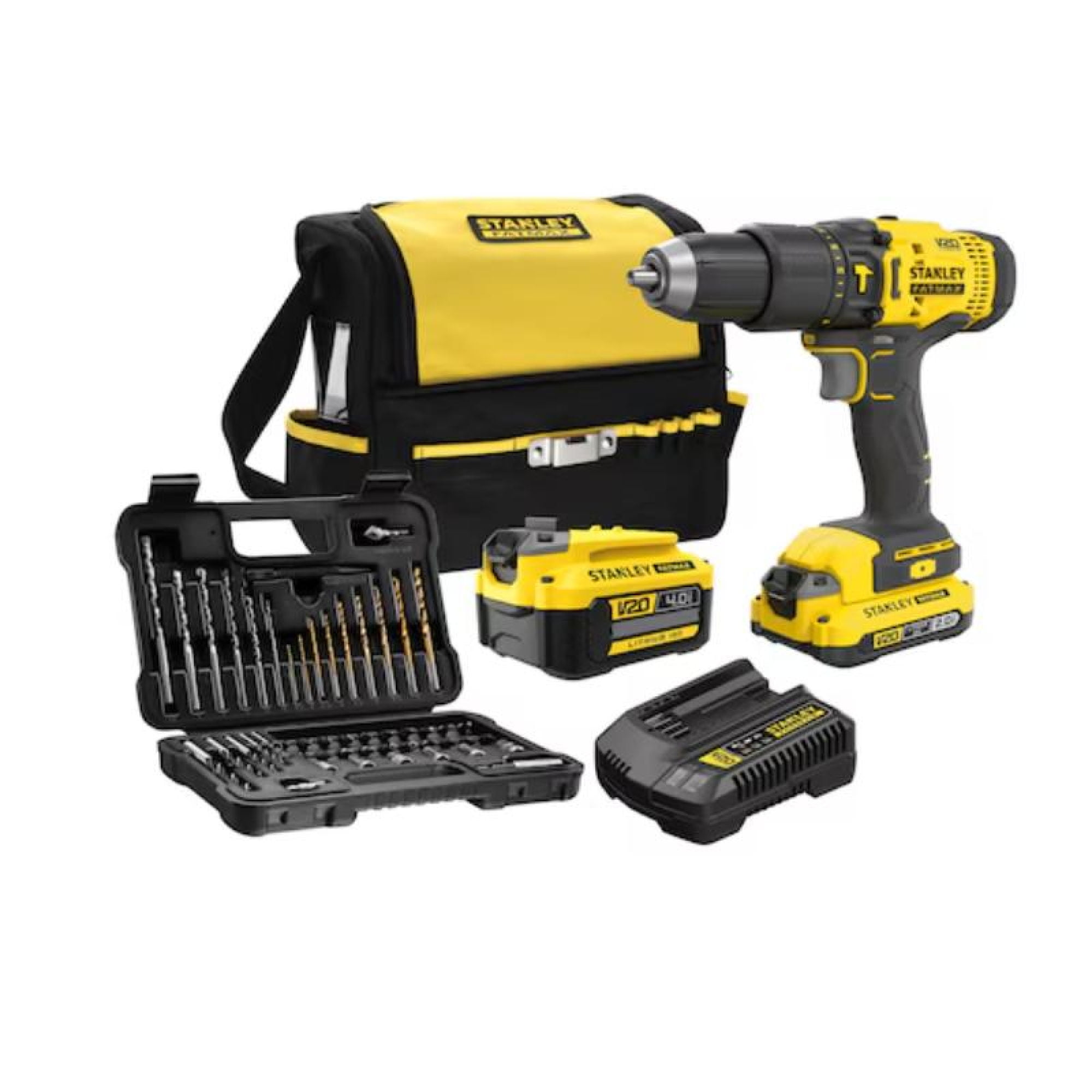 Stanley - Taladro Percutor 20v + Batería 2ah & 4ah + 50 Accesorios