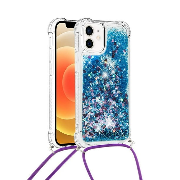 Funda FOXDOCK para iPhone 12 Mini con Cuerda Ajustable, Brillo Líquido, Protección Antigolpes y Lente – Ideal para Regalo