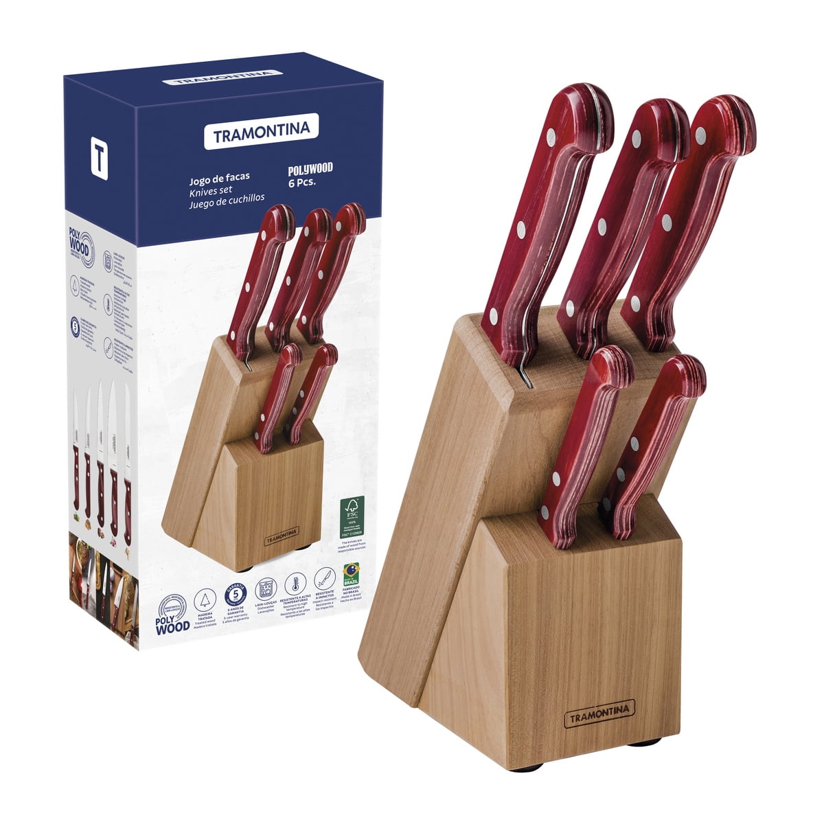 Juego De Cuchillos Tramontina Polywood Con Láminas De Acero Inoxidable Y Mangos De Madera Tratada Rojo Con Soporte De Madera 6 Piezas
