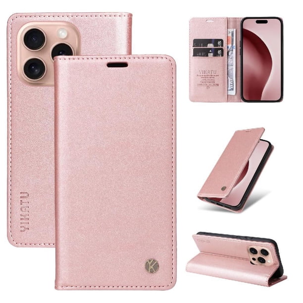 Funda Billetera de Cuero para iPhone 16 Pro con Tarjetero y Soporte - Tapa Magnética Rosa