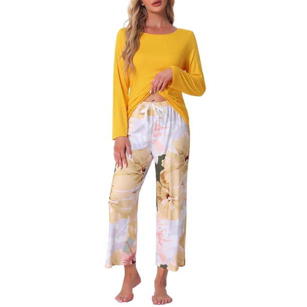 INSPIRE CHIC Conjunto de Pijama de Manga Larga para Mujer, Conjunto de Descanso Suave y Elástico con Top Sólido y Pantalones Capri Florales para Casa M Amarillo
