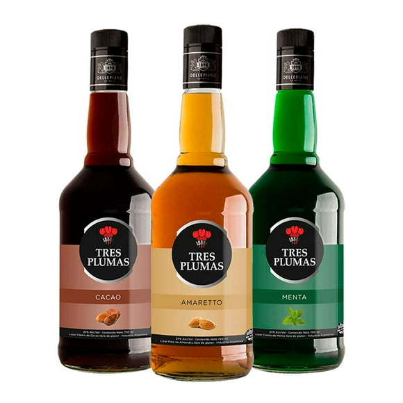 Pack x3 Licores amaretto, menta y cacao tres plumas