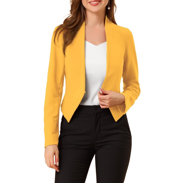 INSPIRE CHIC Traje de Maestra para Regreso a Clases de Mujer Chaqueta de Oficina de Trabajo Blazer Sin Cuello Traje Casual de Negocios Blazer Corto S Amarillo