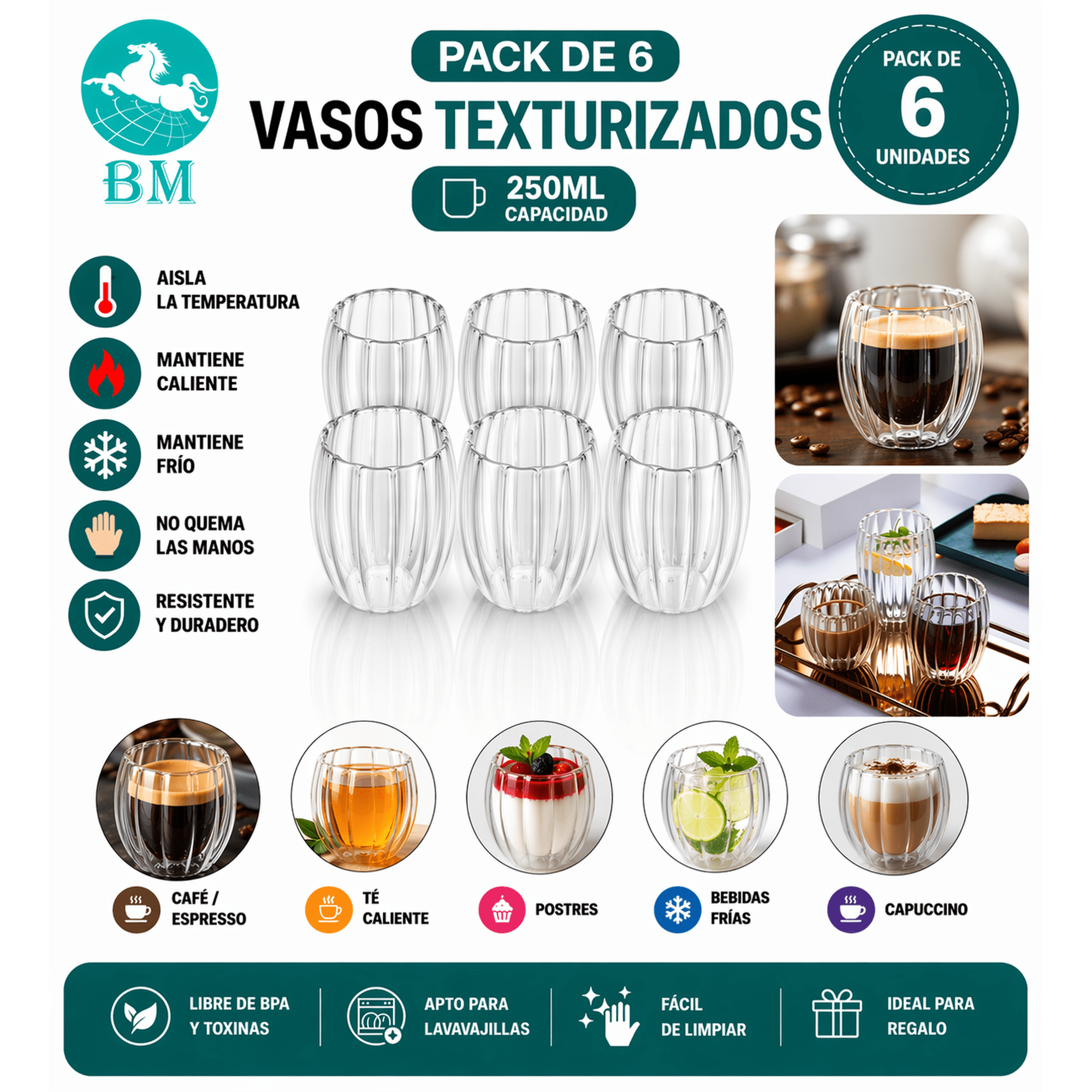 Baima - Pack 6 Vasos Texturizados Doble Vidrio 250ml | Diseño Elegante