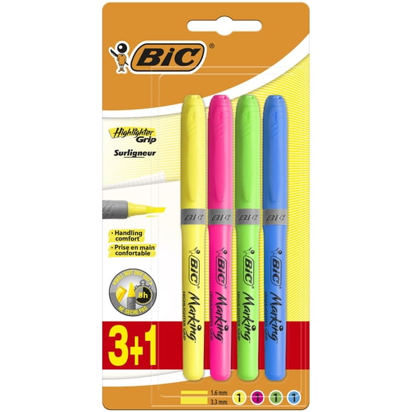 Resaltadores BIC Grip – Paquete de 4 (Amarillo, Azul, Verde, Rosa)