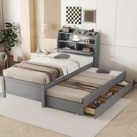 M&Ms - Twin Size Wooden Led Platform Bed With Trundle, With Storage Headboard, With Drawers, Gray(Old Sku N820S00008E)