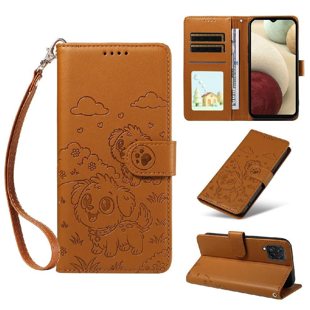 Funda Billetera Foxdock Compatible Con Samsung Galaxy A12/m12, Diseño Perrito Tierno, Ranuras Para Tarjetas Y Soporte Plegable
