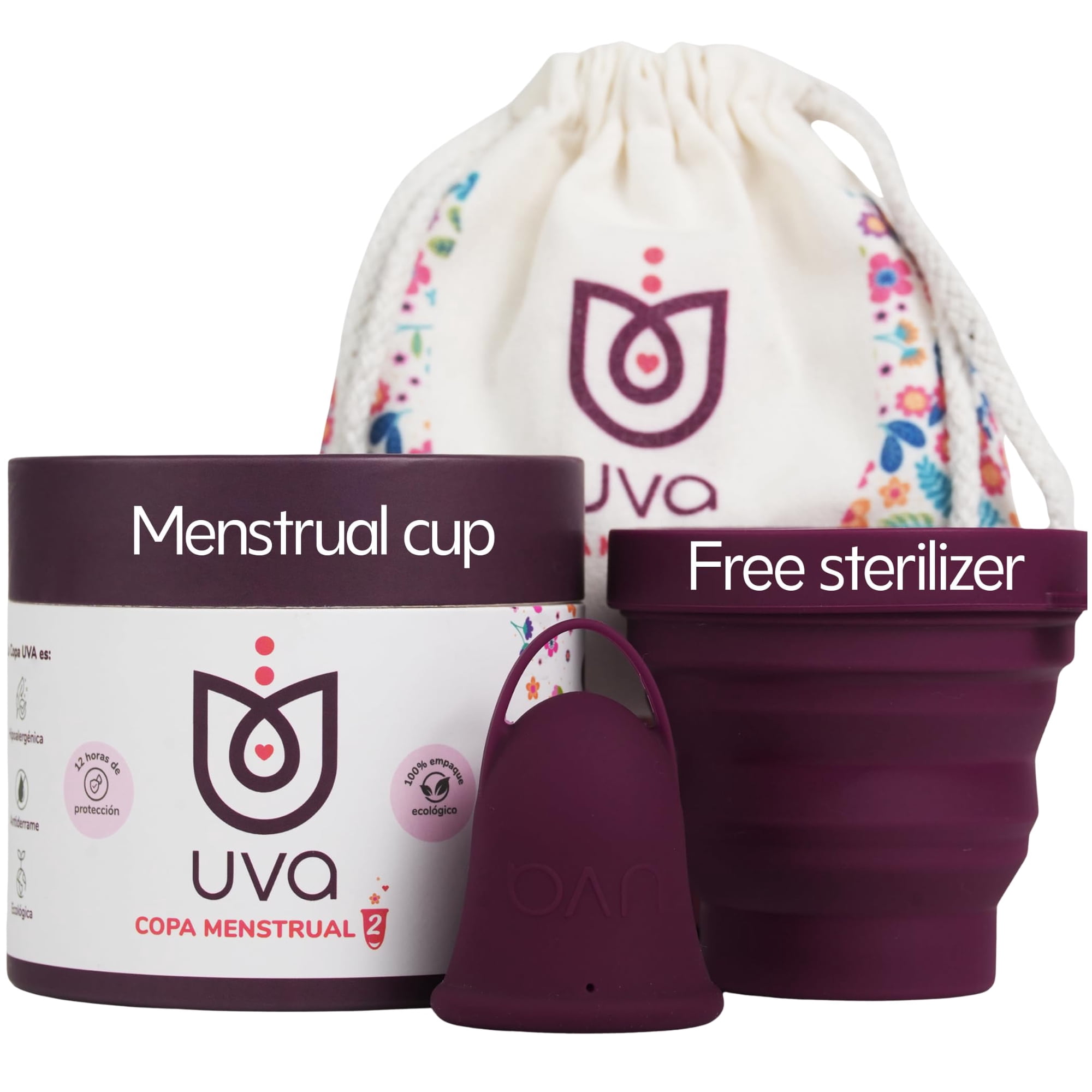 Copa Menstrual Reutilizable Uva Talla B Flujo Abundante – Kit