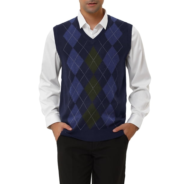 INSPIRE CHIC Chalecos para Hombre Argyle Tejido Ajustado Sin Mangas Contraste de Color Chaleco Pullover L Azul Marino