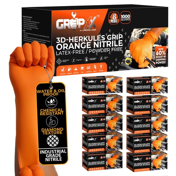 Guantes de nitrilo GRIPXX Herkules Grip Heavy Duty de 8 mil, color naranja
