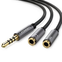 Ugreen - Cable De Audio Splitter M/2H Estereo Jack 4 Polos 3.5Mm/2Jack 3.5Mm (Soporta Microfono) 20Cm Negro