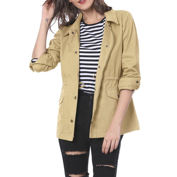 INSPIRE CHIC Chaquetas Utilitarias para Mujeres de Regreso a Clases con Cintura de Cordón, Bolsillo con Solapa, Cremallera y Botones Camel M