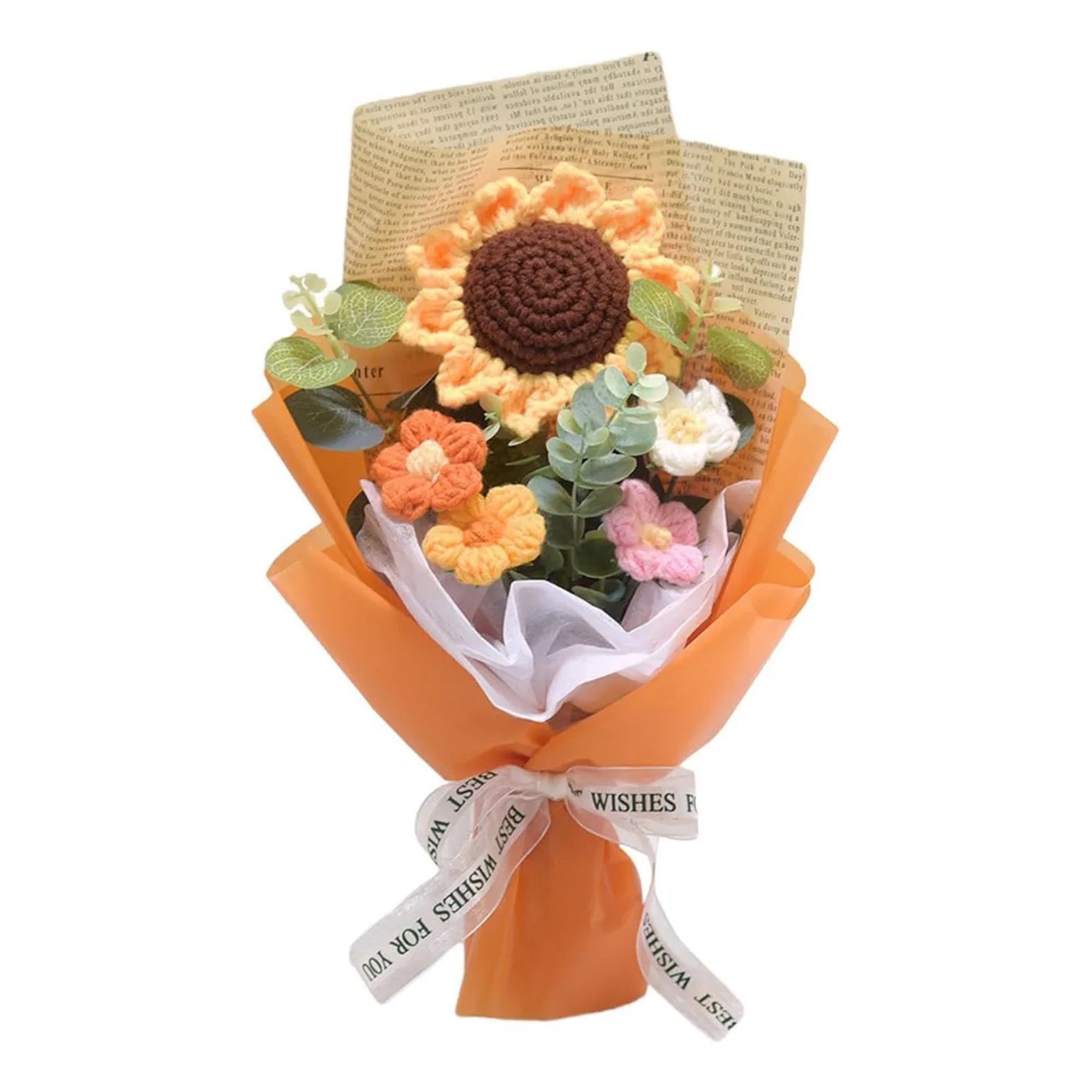 Genérica - Ramo De Flores A Crochet Con Girasol Margaritas Bouquet - Color Naranja. Regalos Florales Tejidos A Mano