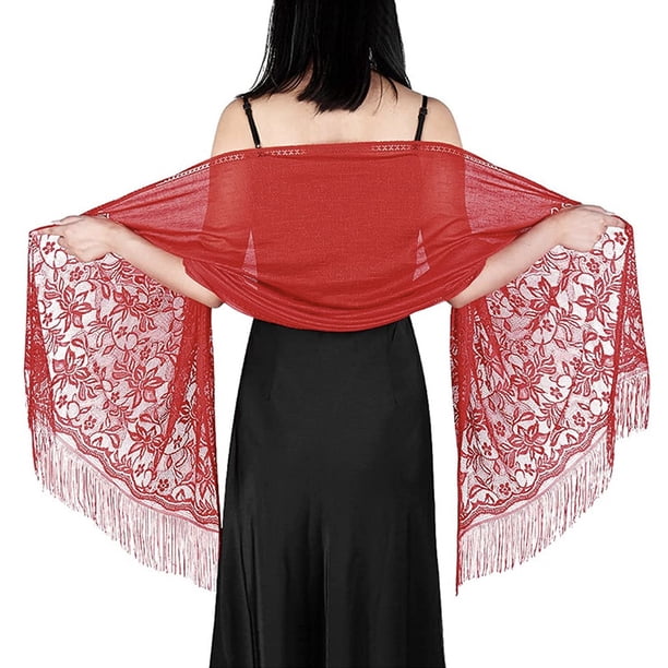 Floral Lace Scarf for Women - Lightweight Shawl Wrap with Fringe for Evening Dresses and Weddings