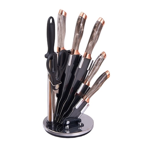 Mp - Set Cuchillos De Cocina 8 Pzs Marmoleado Base Giratoria Taupe Dorado