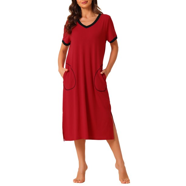 INSPIRE CHIC Camisón de Mujer con Cuello en V y Bolsillos, Manga Corta con Abertura Lateral y Ribete en Contraste para Primavera Verano M Rojo
