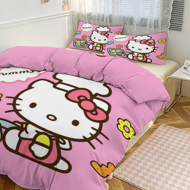 Cartoon Hello Kitty Comforter Chef Stars Love Cloud 3-Piece Bed Sheets Warm Kawaii Bedding Set Cute Soft Bedclothes for Boys Girls Kids Twin