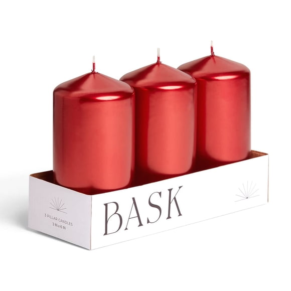 Pillar Candles Bask con parte superior cónica metálica, rojo metalizado, juego de 3