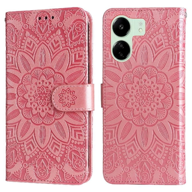 Funda tipo cartera FOXDOCK para Xiaomi Poco M6 5G , diseño girasol en relieve, cuero PU, cierre magnético, soporte y tarjetero