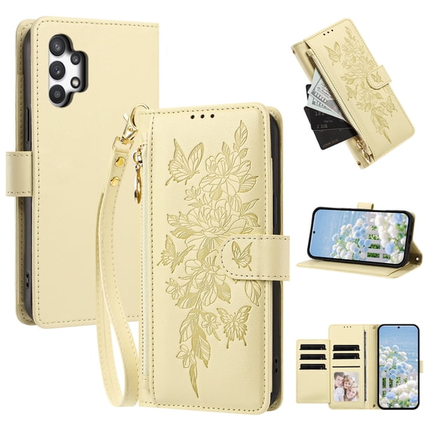 Funda Billetera Floral en Relieve samsung galaxy A13 4G con Tarjetero y Cremallera Blanco