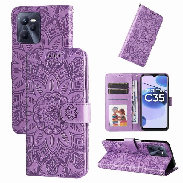 Funda tipo cartera FOXDOCK para Realme C35 4G , diseño girasol en relieve, cuero PU, cierre magnético, soporte y tarjetero