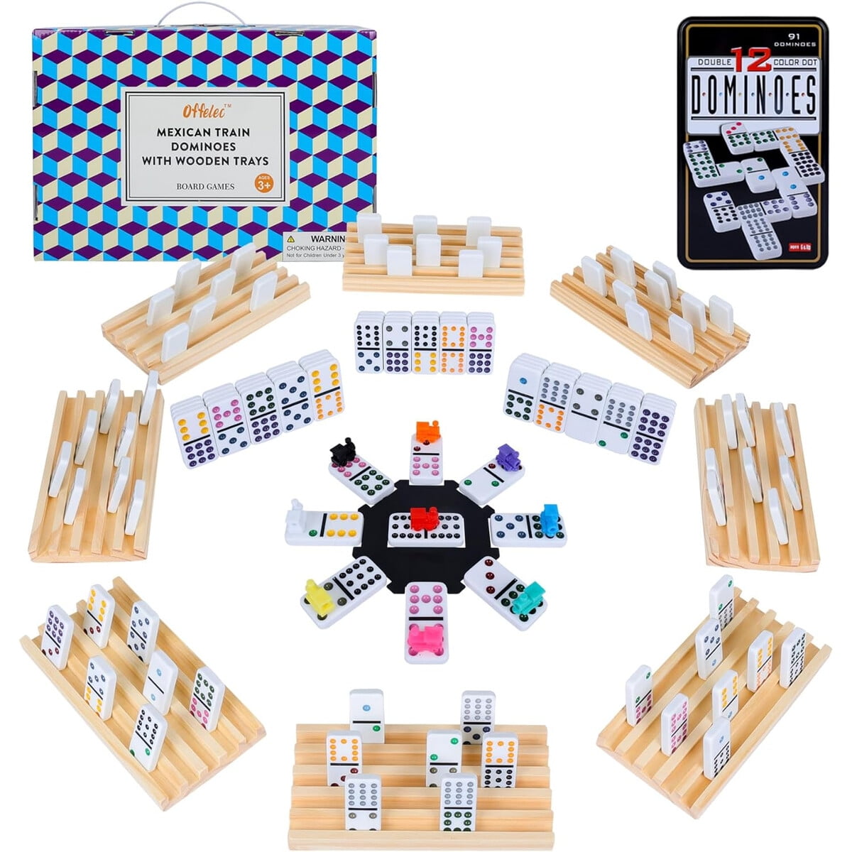 Domina Mexican Train Offelec Doble 12 Con 8 Soportes Madera
