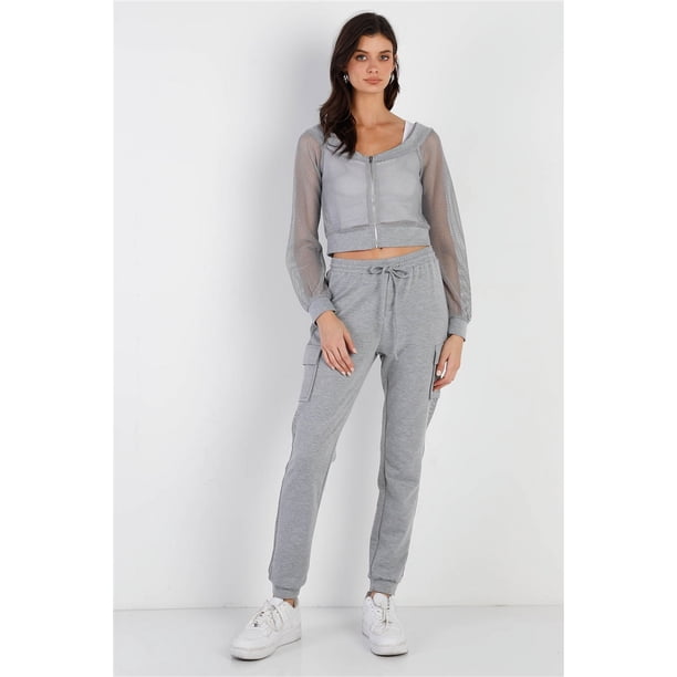 Conjunto de Top y Pantalón con Cremallera y Rejilla en Contraste Gris Jaspeado, Gris Jaspeado L