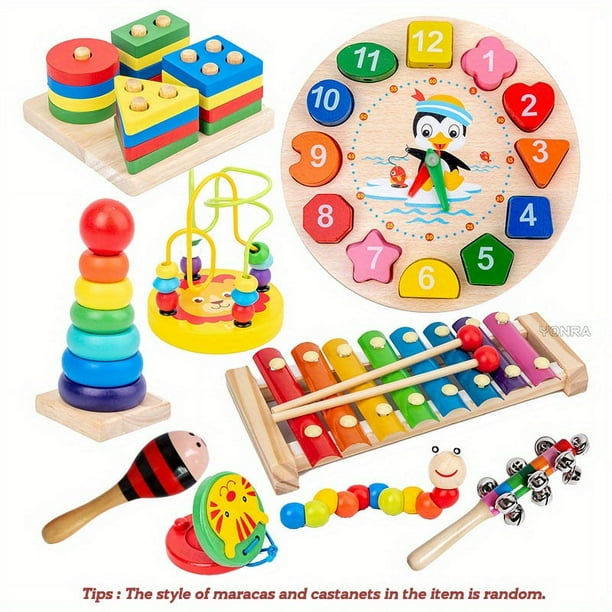 YONRA 9 In 1 Wooden Montessori Toys,Rattle Bell Beaded Rattle Drum Column Set,Musical Instruments,Early Childhood Education,toddler Toys,12 24 36 Months Baby