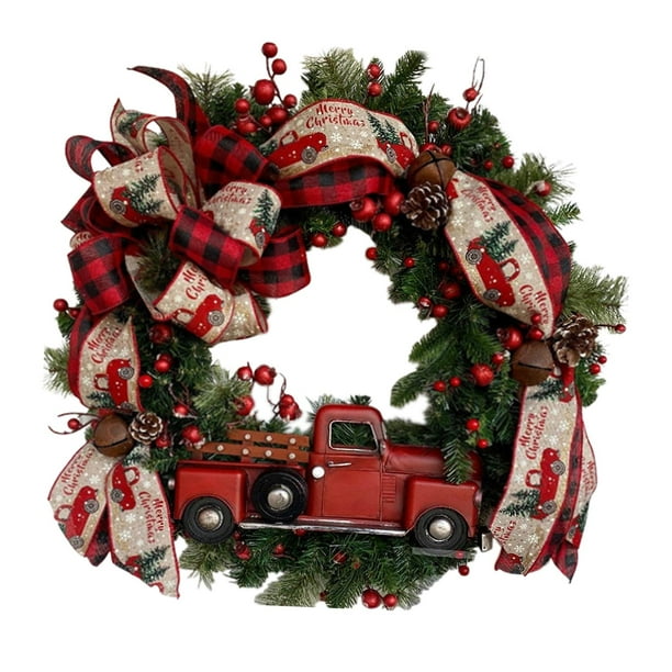 Corona artificial de Navidad, decoración de coche rojo, corona de invierno, decoración de puerta delantera, corona de hojas para fiesta al aire
