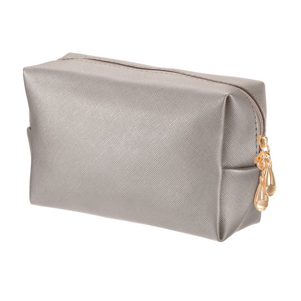 Bolsa de Maquillaje Cuadrada de Cuero PU, Organizador Cosmético Impermeable con Cremallera para Viaje, Neceser para Mujeres para Sostener Brochas de Maquillaje (Gris Dorado, Pequeño)