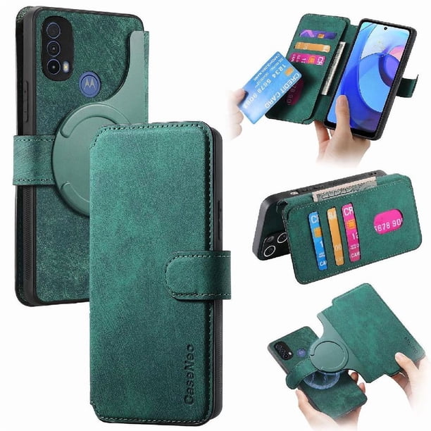 Funda Billetera Magnética para Motorola Moto E20/E30/E40 Soporte Tarjetas Desmontable Verde