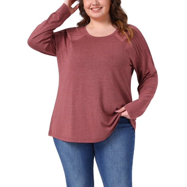 Top de talla grande para mujer de manga larga con cuello redondo, camisas plisadas de ajuste holgado, túnicas 1X rojo