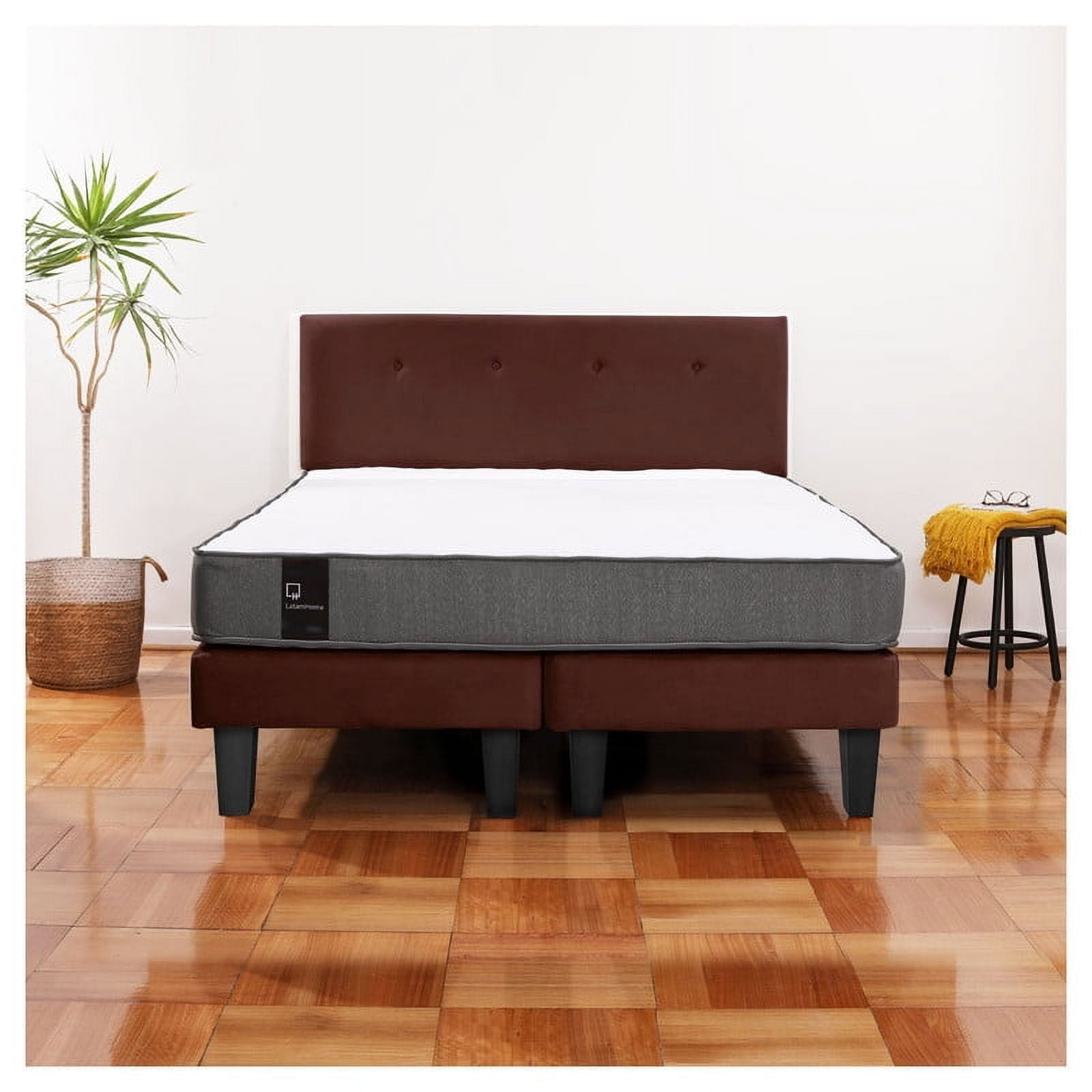 Latam Home - Cama Europea Zen Best 2 Plazas Colchon Resortes Base Dividida + Respaldo Tela Café