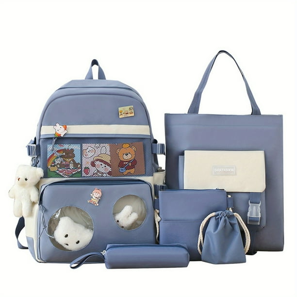 5pcs Backpack Crossbody Bag Handbag Drawstring Bag And Pen Bag Set, Ultralight Burden Reduction Schoolbag Set, Cute Bear Pendant Backpack, Women's Men's Backpack, Preppy Large-capacity Travel Bag