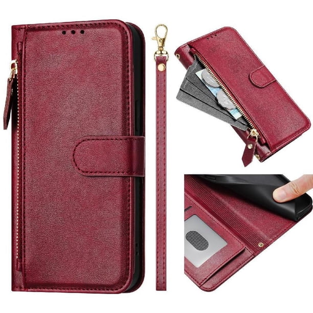 Funda tipo cartera para iPhone 14 PRO MAX con bolsillo con cremallera, tarjetero, soporte, correa para la muñeca y tapa de cuero Rojo