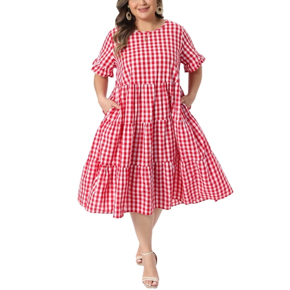 Vestidos de Gingham de Pascua de Talla Grande para Mujeres de Agnes Orinda, Cuello Redondo, Manga Corta Acampanada, Verano Casual, Maxi Vestido en Línea A con Bolsillos 3X Rojo