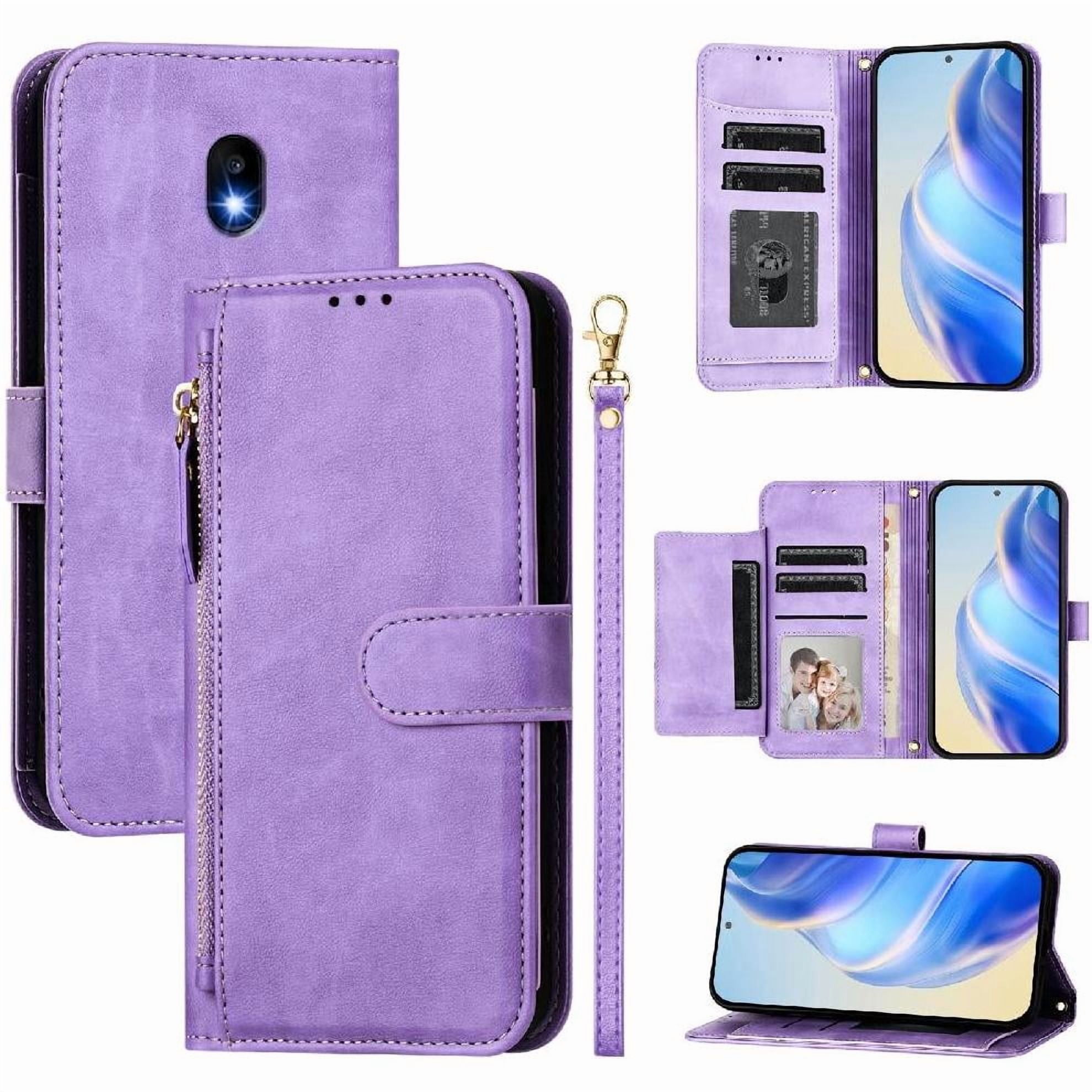 Foxdock - Funda Tipo Billetera Para Samsung Galaxy J3 Pro 2017 Con Cremallera Portatarjetas Soporte Correa De Muñeca Cuero Púrpura