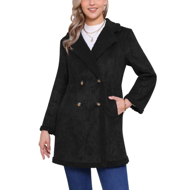 INSPIRE CHIC Abrigo de Pana Forrado de Invierno para Mujer con Doble Botonadura, Manga Larga, Cuello Vuelto, Talla L Negro
