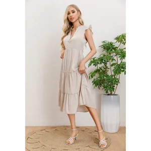 Likeshop - Vestido Largo Algodon Primavera Mujer Cuello Mao Manga Corta 3322