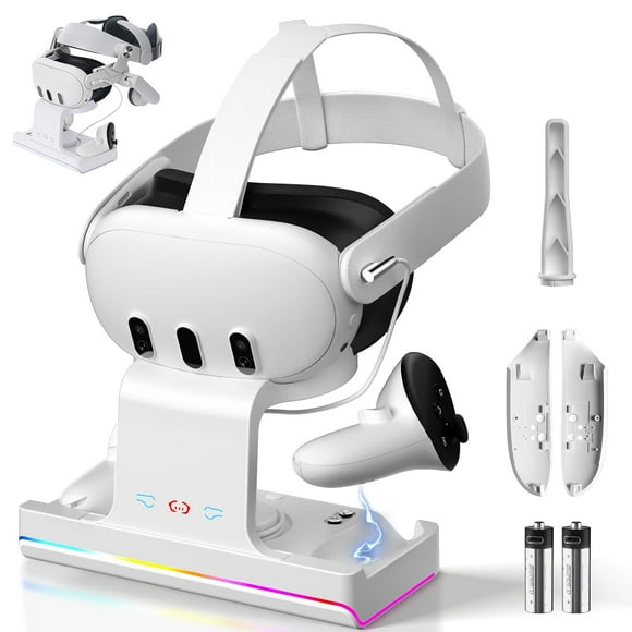 Estación de carga de auriculares VR - para Meta Quest 3, base de carga rápida USB-C con luz RGB, incluye soporte de pantalla para auriculares y controladores, con 2 baterías recargables X 1800mAh