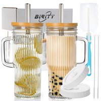 Vaso De Vidrio Birity Acanalado De 700 Ml Con Tapas, Paquete De 2 Pajitas Con Asa